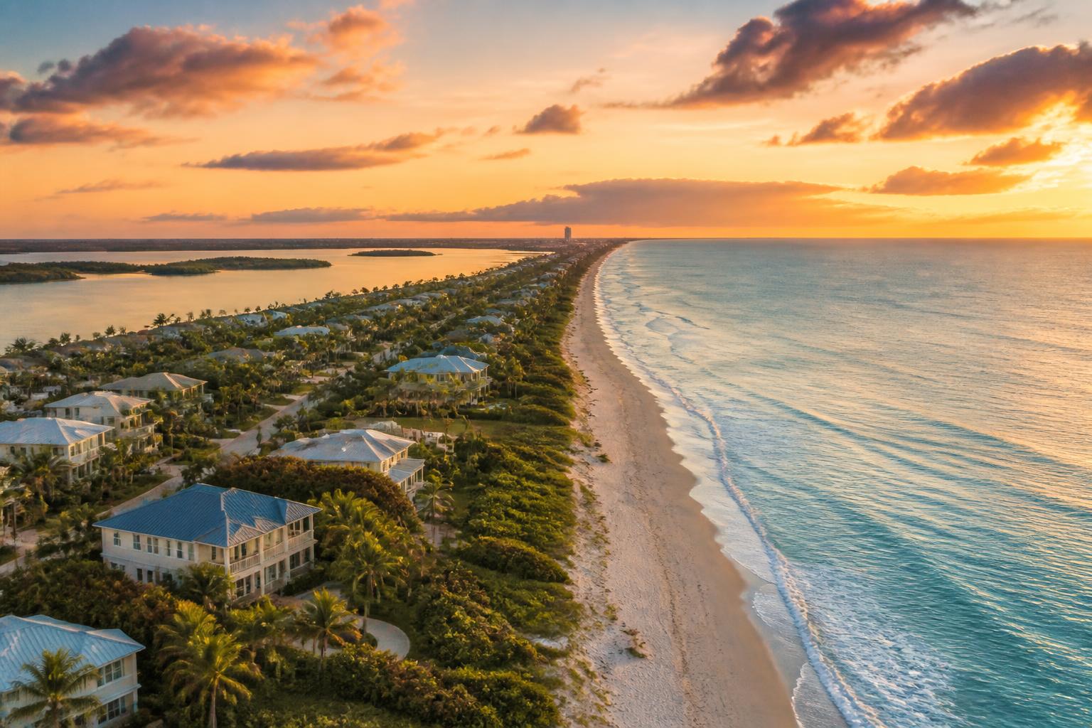 Aerial view of Florida's Space Coast at golden hour